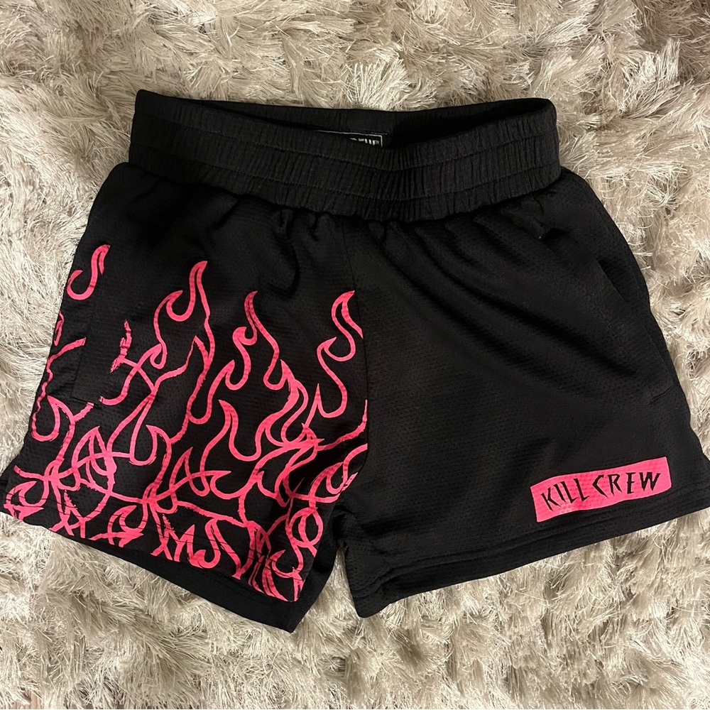Kill Crew Black Athletic Shorts with Pink Flame Graphic